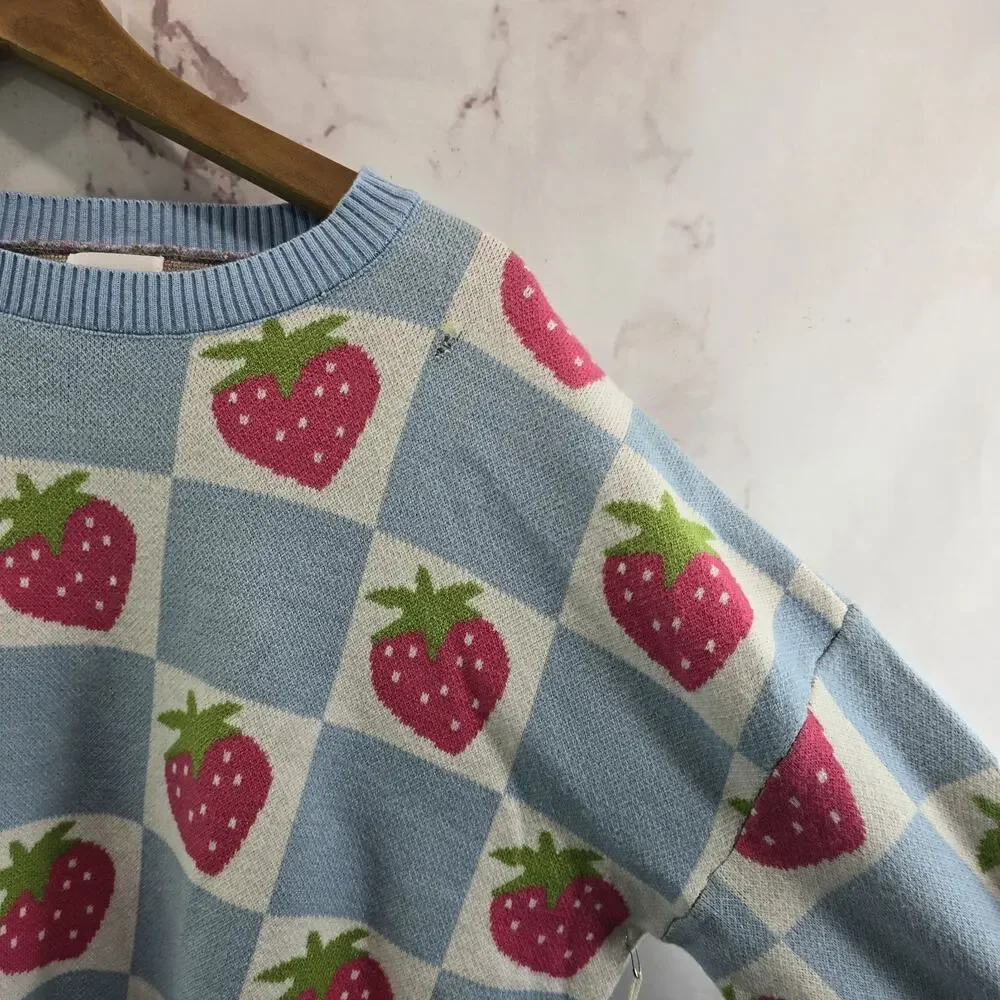 Luna Ivy Sweater Girls Medium Blue Pink Strawbery Checkered Crew T8665